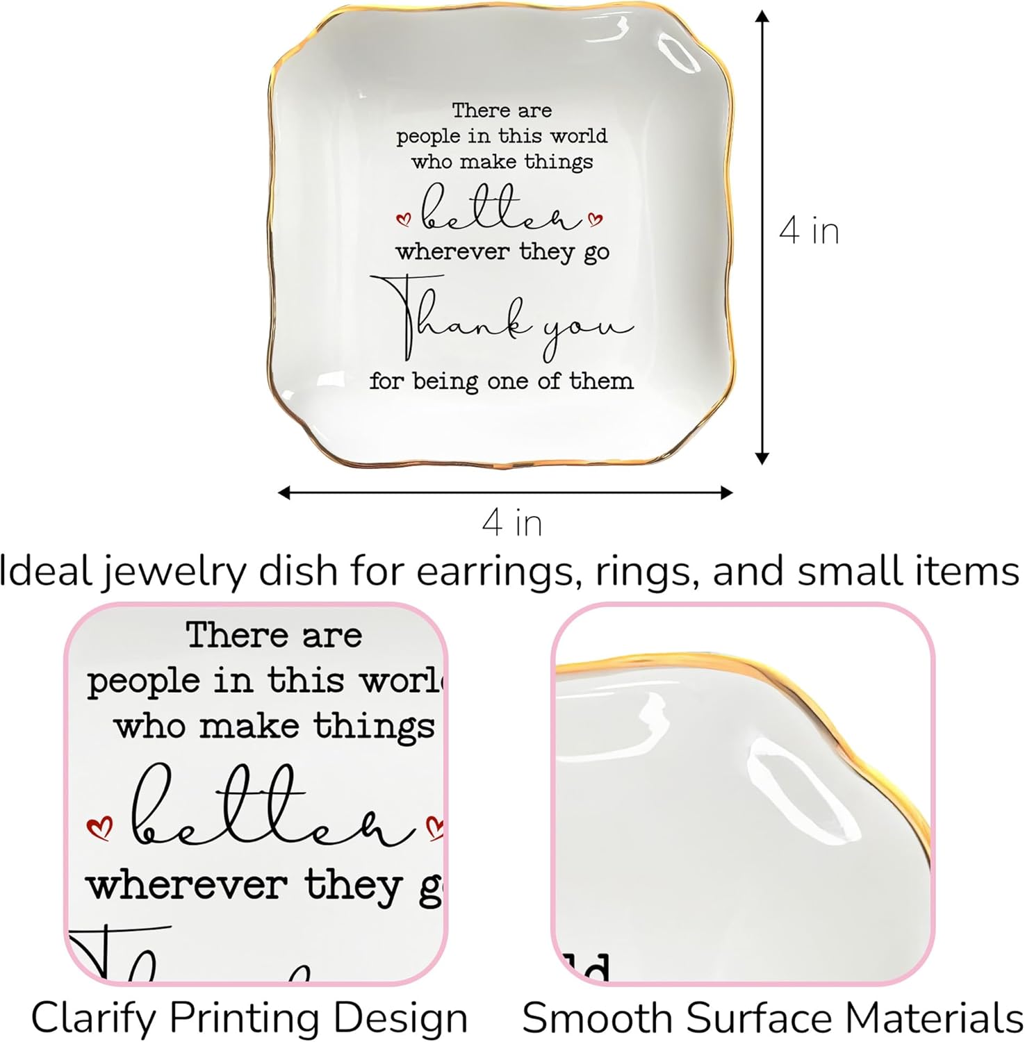 OASSIE Thank You Gifts for Women - 4"x4" Ceramic Jewelry Dish Tray | Gifts for Women, Appreciation Decor, Gold Trim Design, Ring Dish for Women, Polished Finish, Ready to Gift