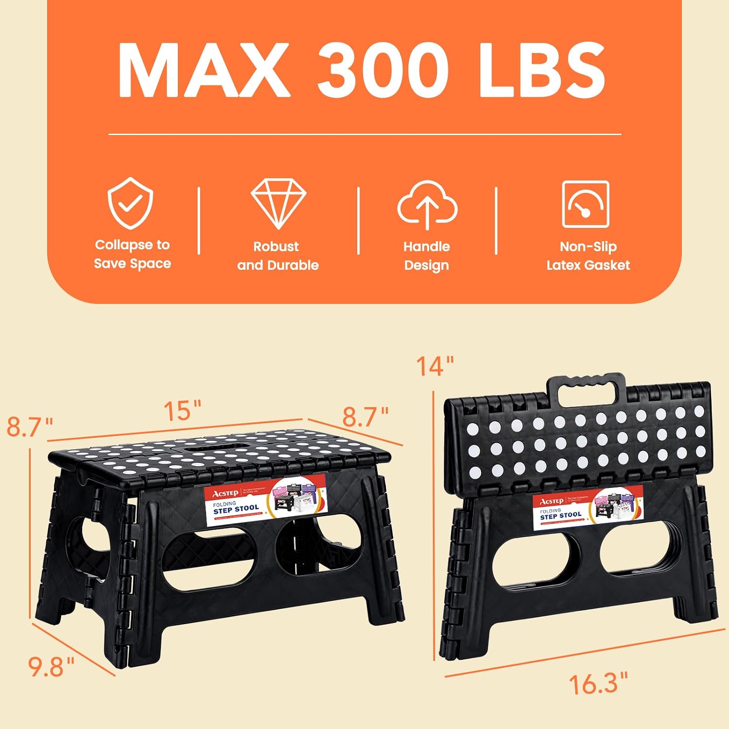 ACSTEP 9 Inch Wide and 9 Inch Folding Step Stool 2-Piece Set, 300 LB Capacity Plastic Foldable Stools with Handle, Non-Slip Step Stool, Home Use (Black & Black)