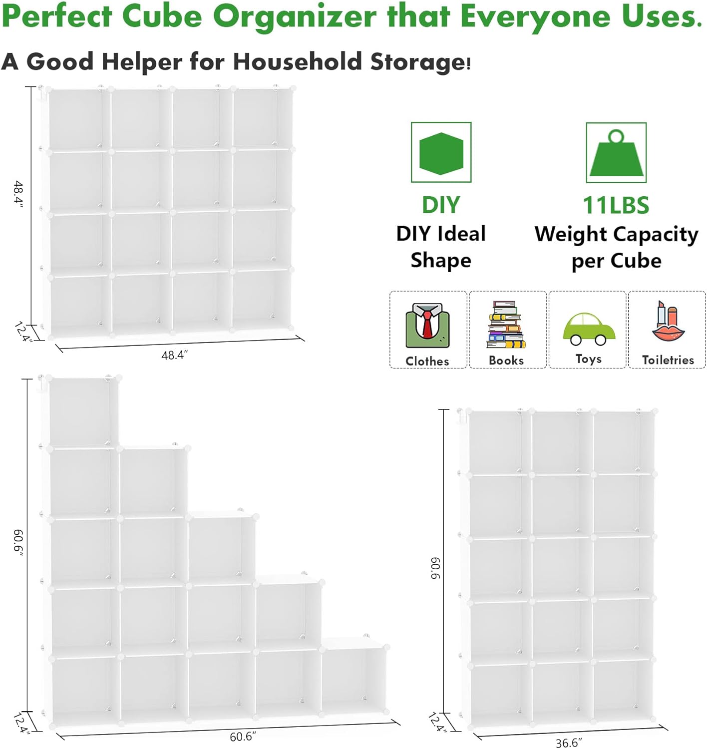 C&AHOME Cube Storage Organizer, 16-Cube Shelves Units, Plastic Storage Cubes, DIY Closet Organizer, Modular Closet Storage Shelves Ideal for Home, Bedroom, 48.4" L × 12.4" W × 48.4" H Milky UPCS16M