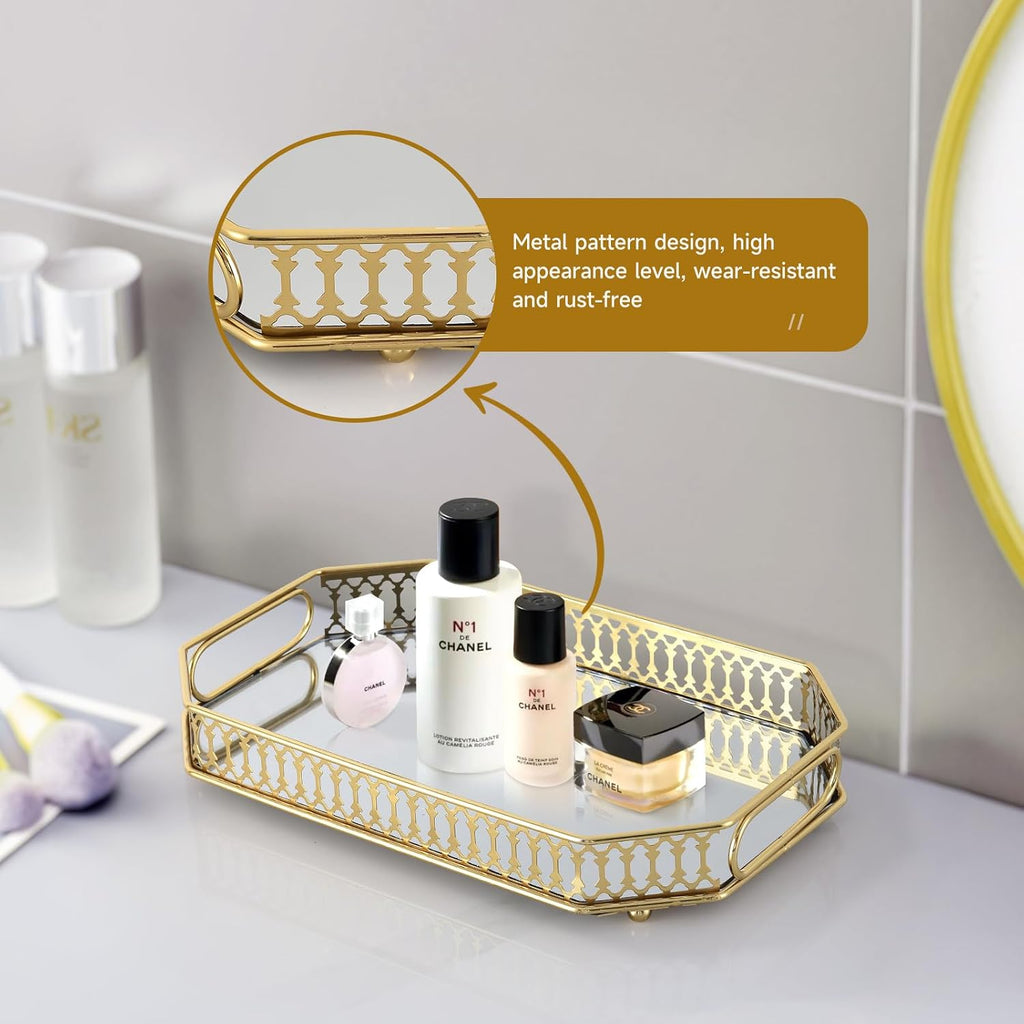 Mirrored Perfume & Makeup Vanity Tray - Hollow-Out Jewelry Storage, Gold Metal & Glass Trinket Organizer for Dresser & Bathroom Countertop, 11.3" Small Size