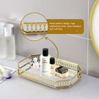 Mirrored Perfume & Makeup Vanity Tray - Hollow-Out Jewelry Storage, Gold Metal & Glass Trinket Organizer for Dresser & Bathroom Countertop, 11.3" Small Size