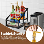 Coffee Syrup Rack Organizer,Liquor Bottle Display Shelf,2-Tier 4 Bottle Stand for Coffee Bar, Kitchen Station, Liquor, Wine, Dressing,Rustic Brown