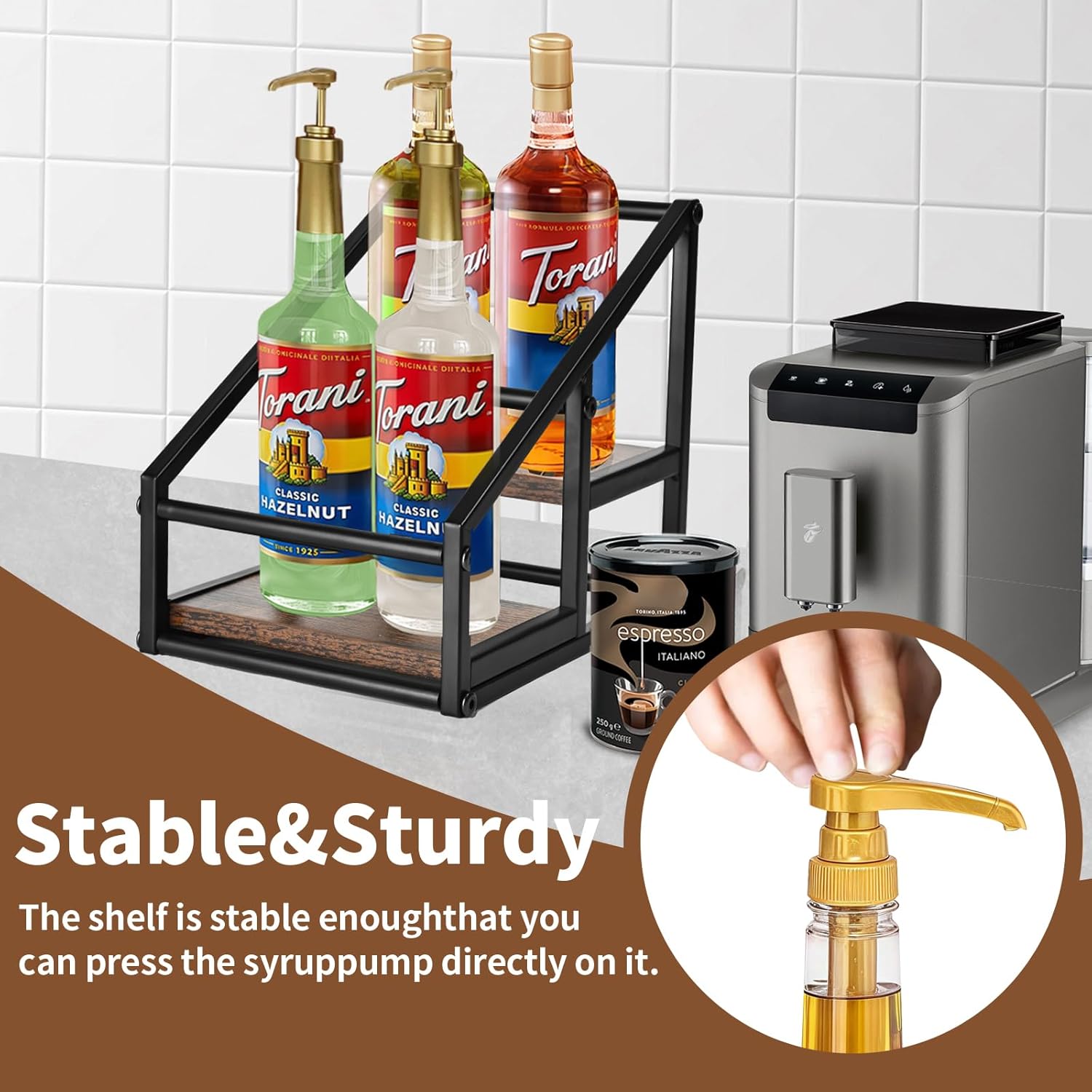 Coffee Syrup Rack Organizer,Liquor Bottle Display Shelf,2-Tier 4 Bottle Stand for Coffee Bar, Kitchen Station, Liquor, Wine, Dressing,Rustic Brown