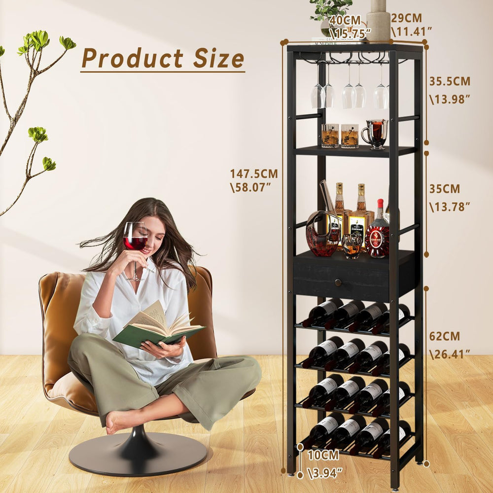 IBUYKE Wine Rack Freestanding Floor with Glass Holder,Black TMJ905B | Bar Cab...