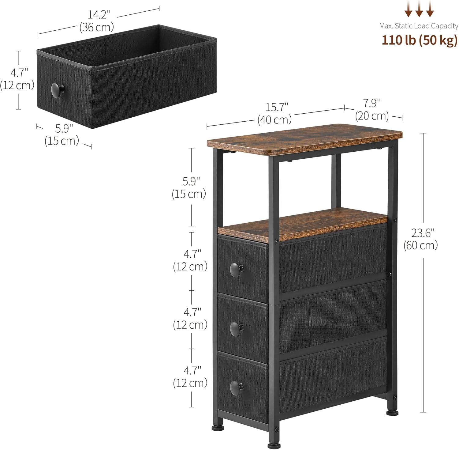 DALEMHOME End Table, Narrow Side Table with 3 Fabric Drawers, Slim Nightstand, Small Bedside Table with Storage, Living Room, Bedroom, Rustic Brown HKET1300BR