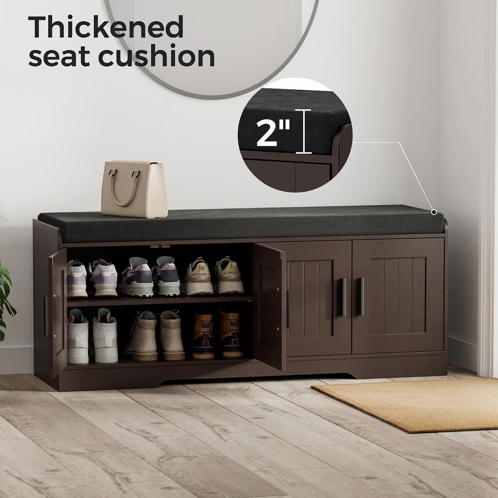 Homleke Shoe Storage Bench, 4 Doors & Thickened Padded Seat Cushion | 2-Tier Shoe Bench, Entryway Bench, Adjustable Shelf, 13.8" D x 45.3" W x 18.5" H, for Living Room, Bedroom, Brown