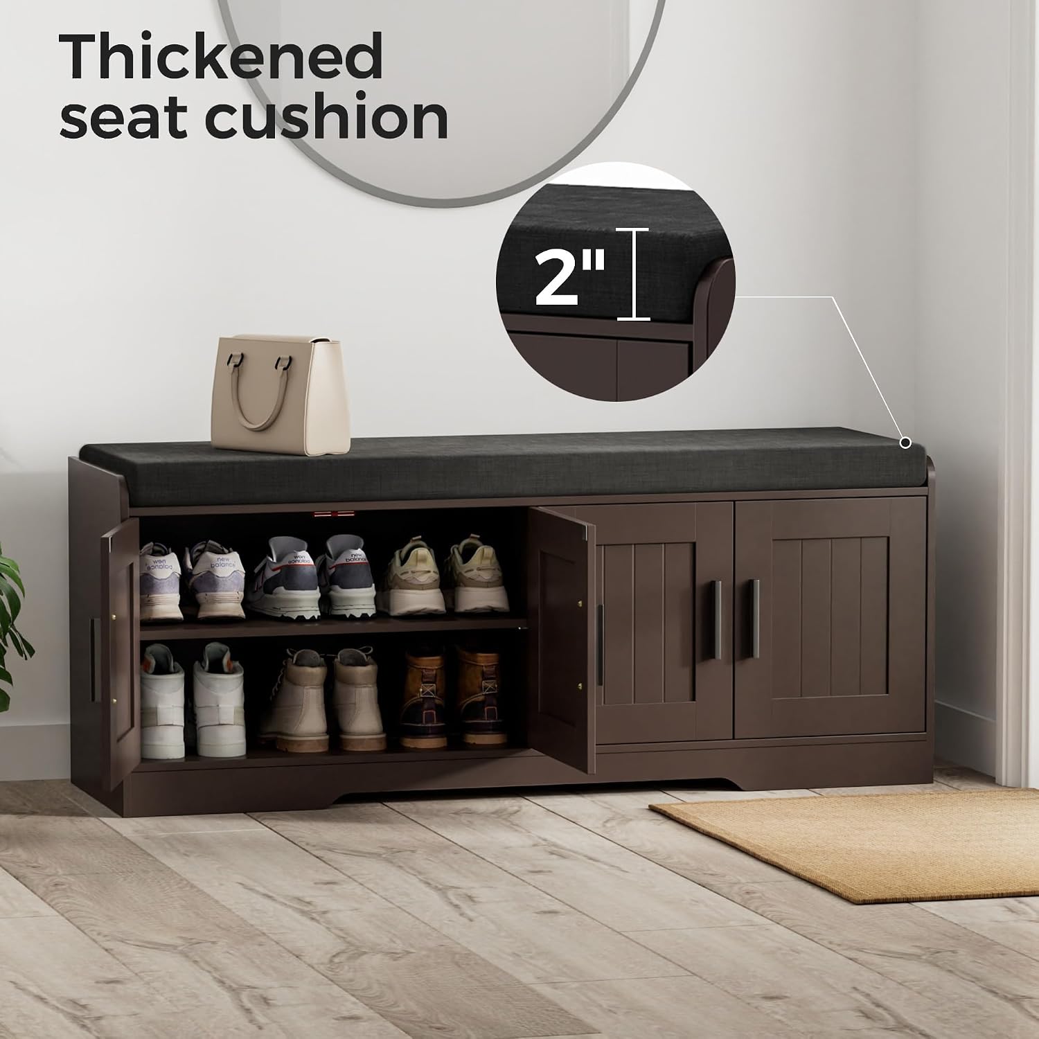 Homleke Shoe Storage Bench, 4 Doors & Thickened Padded Seat Cushion | 2-Tier Shoe Bench, Entryway Bench, Adjustable Shelf, 13.8" D x 45.3" W x 18.5" H, for Living Room, Bedroom, Brown
