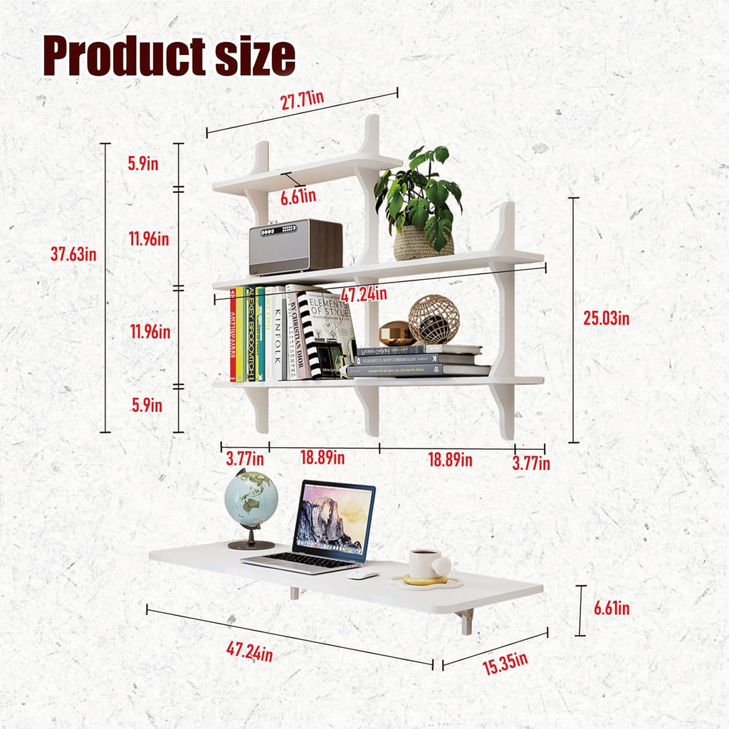 Pmnianhua Wall Mounted Folding Table, 47'' Floating Laptop Desk with Shelves, Foldable Drop Leaf Table, Wall Mount Fold Down Table for Laundry Room Kitchen Bar Home Office Small Space(White)
