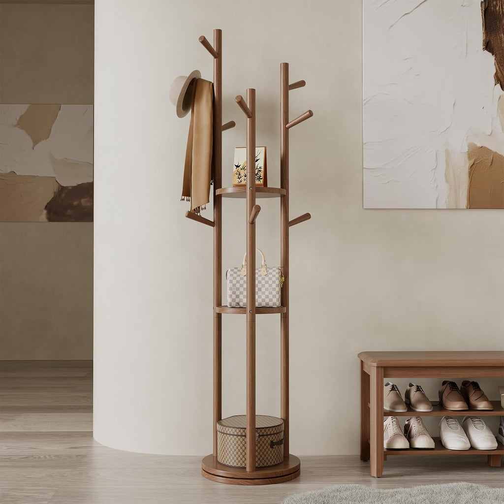 Muwuele Solid Wood Rotary Coat Rack, Freestanding Coat Rack with 3 Shelves and 9 Hooks, Coat tree for Bedroom, Entryway, Livingroom, Coat Hanger Stand for Coats, Scarves, Handbags (Walnut)