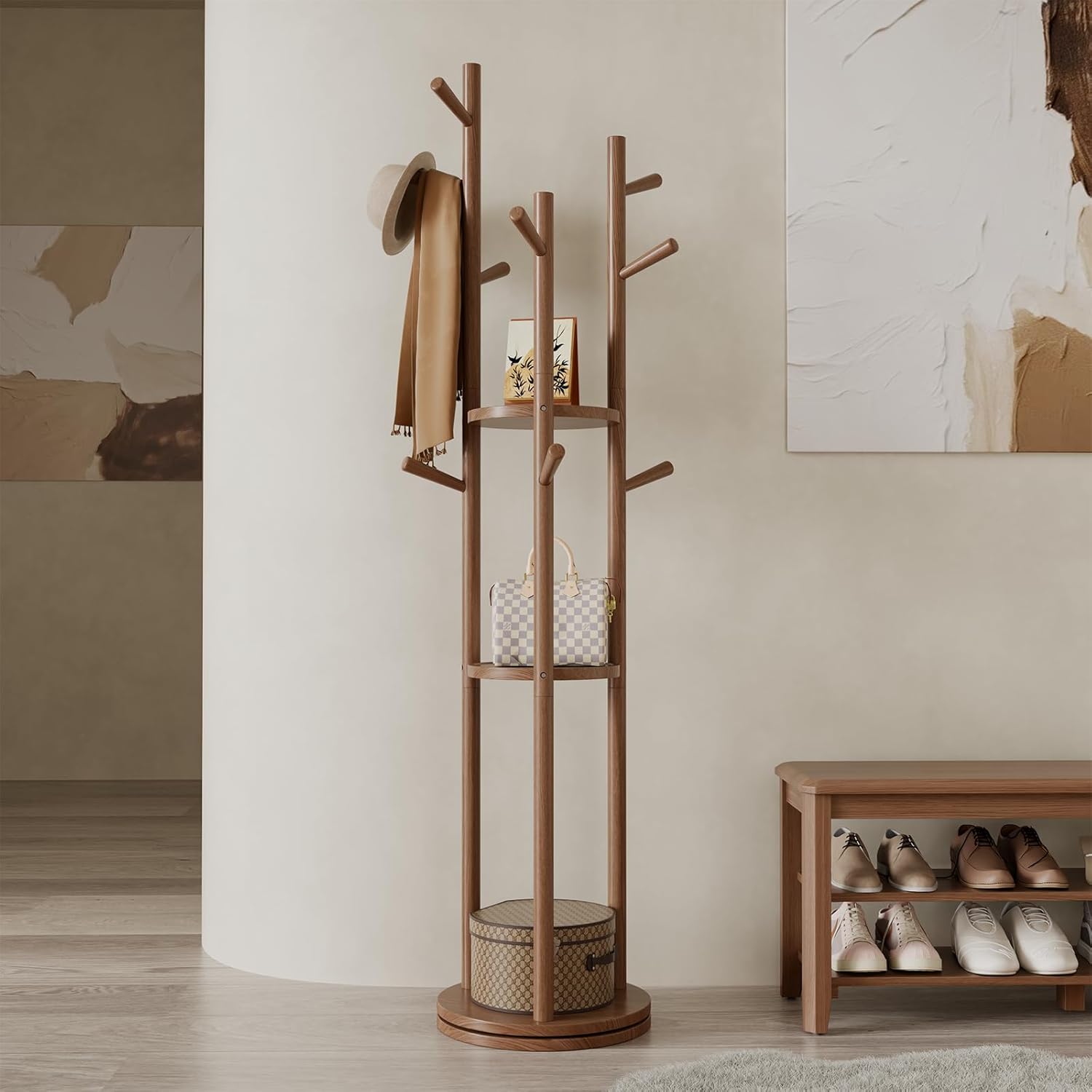 Muwuele Solid Wood Rotary Coat Rack, Freestanding Coat Rack with 3 Shelves and 9 Hooks, Coat tree for Bedroom, Entryway, Livingroom, Coat Hanger Stand for Coats, Scarves, Handbags (Walnut)