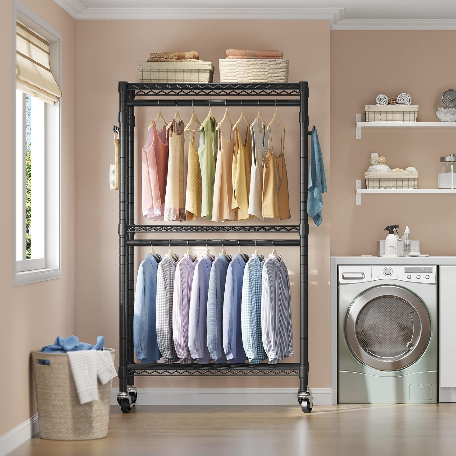 VIPEK R2 Medium Rolling Clothes Rack Heavy Duty Clothing Rack for Hanging Clothes Adjustable Metal Wire Shelving Portable Closet with Wheels Side Hooks, Freestanding Closet Wardrobe, Black