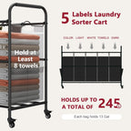 Tajsoon 5 Bag Laundry Sorter Cart, 5 Section Laundry Hamper with Heavy Duty Rolling Lockable Wheels, Laundry Basket Organizer with Removable Bags for Dirty Clothes Storage, Black
