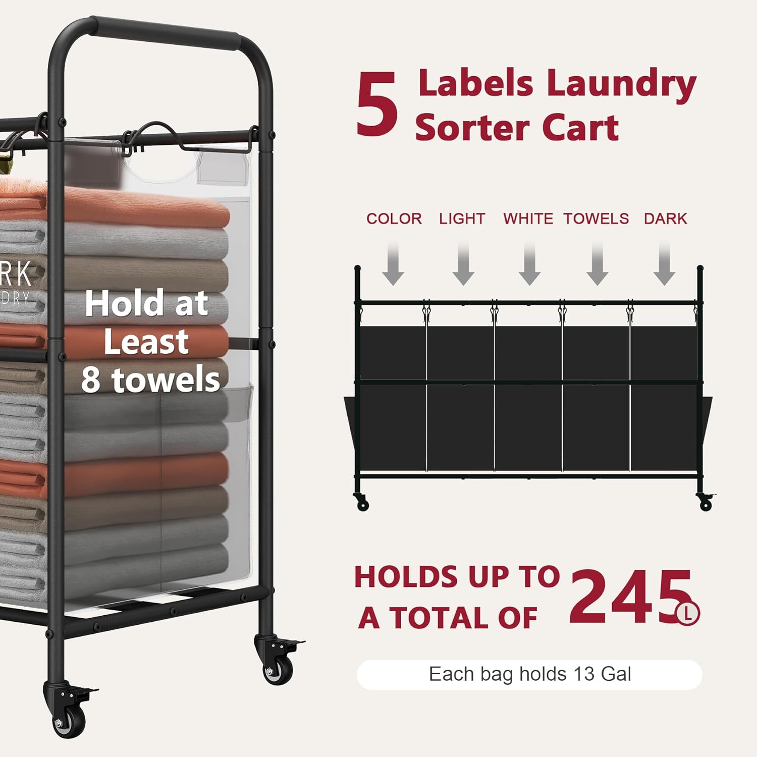 Tajsoon 5 Bag Laundry Sorter Cart, 5 Section Laundry Hamper with Heavy Duty Rolling Lockable Wheels, Laundry Basket Organizer with Removable Bags for Dirty Clothes Storage, Black