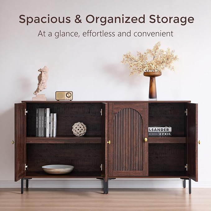Modern TV Stands for 65 Inch TVs, 34" Tall Wood Entertainment Center w/Adjustable Shelves, Mid Century Modern TV Stand w/Arched Fluted Doors, Media Console Cabinet for Living Room, Brown