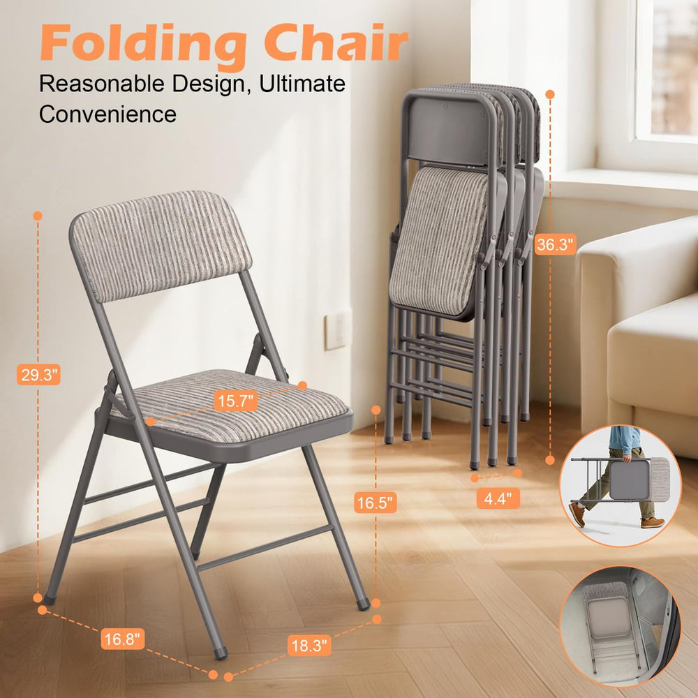 4 Pack Padded Folding Chairs, Capacity 350 LBS Foldable Chair, Fabric‑Beige