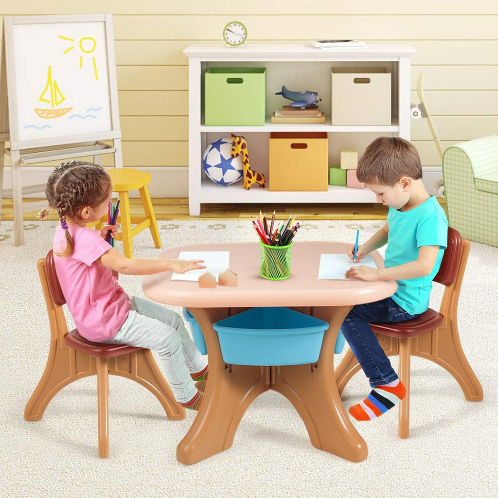 Costzon Kids Table and Chairs, 3 PCS Activity Desk Set w/ 4 Detachable Storage Bins for Indoor Outdoor Play Art Crafts Picnic Patio, Lightweight Toddler Table and Chair Set (Coffee & Blue)