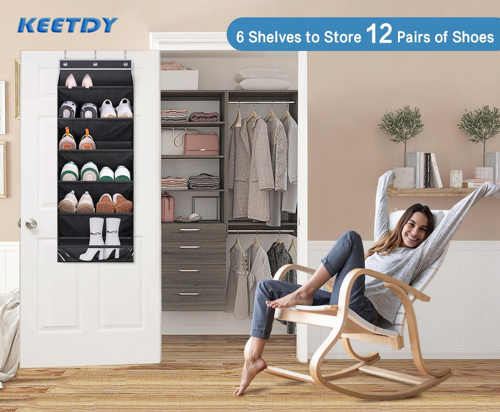 Over the Door Shoe Organizer Fit Big Shoes Large Shoe Rack for Door Hanging Shoe Organizer for Closet Door Storage Boots, Black