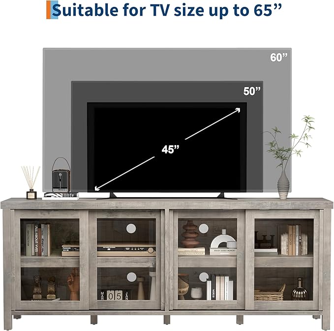 GAOMON TV Stand for 65" with Entertainment Center, Storage Cabinet, 4 Sliding Glass Doors, Mid Century Modern Media TV Console Table for Living Room Bedroom, Grey
