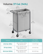 SONGMICS Laundry Basket with Wheels, 2-Section Rolling Laundry Hamper, 37 Gallons (140 L), Removable Liner, Steel Frame with Handle, 27.2 x 15.4 x 31.9 Inches, Dove Gray URLS004G01