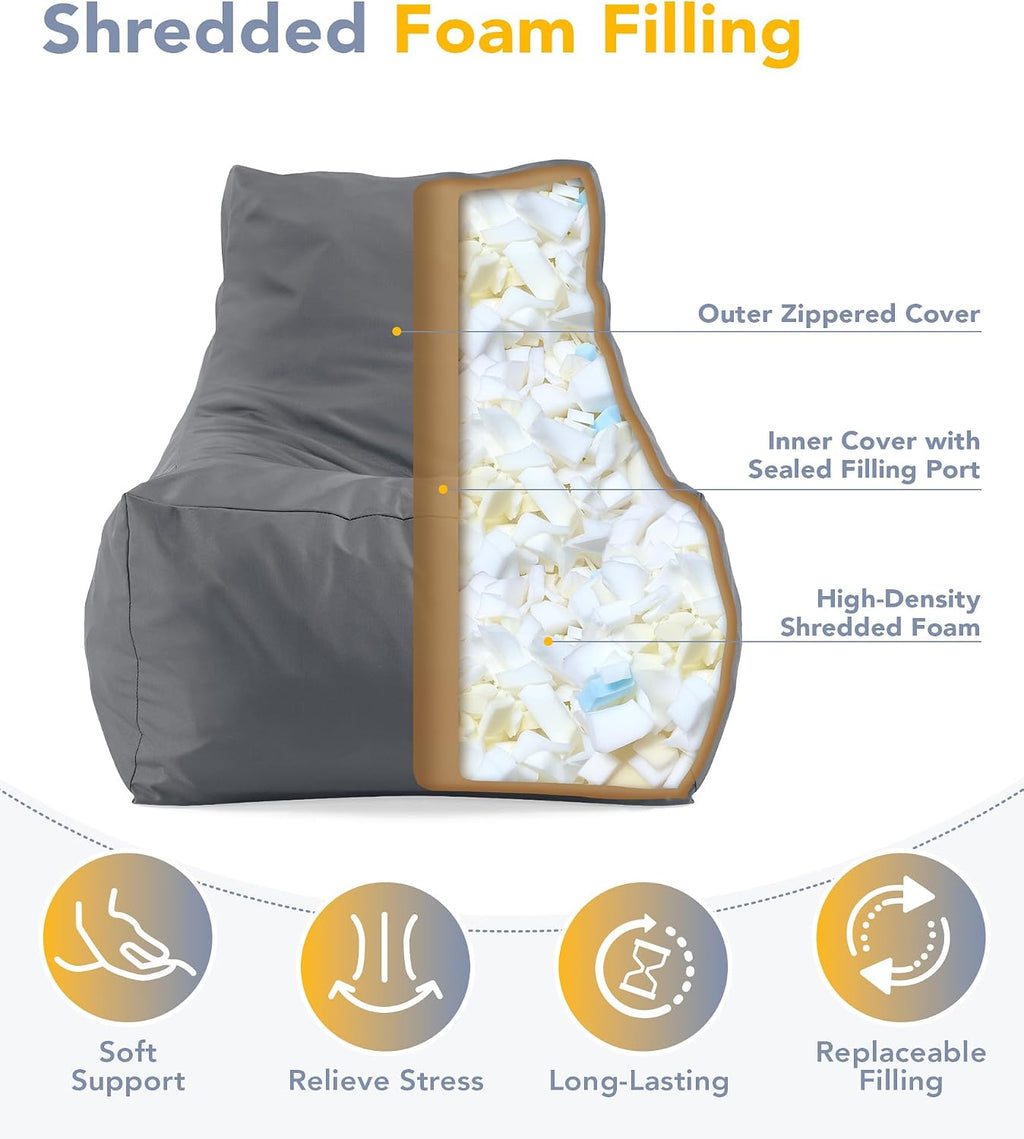 Outdoor Bean Bag Chair Lounger with Shredded Foam Filling, Gray | For Patio Poolside Relaxing, Splash-Proof Detachable Zipper Cover, Small Beanbag Floor Sofa