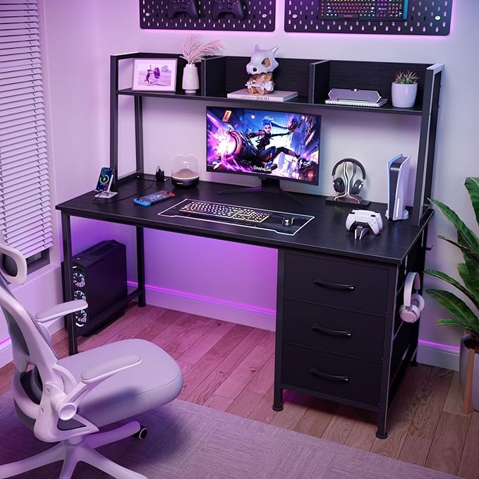 Black Computer Desk with Hutch & Drawers - Office Desk with 3 Storage Drawers and Power Outlets, 47 Inch Modern Study Writing Desk for Bedroom Home Office