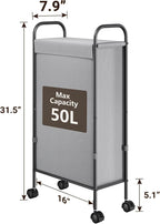 ELYKEN Slim Laundry Hamper with Lid, 50L Small Rolling Laundry Basket on Wheels, 7.9” Narrow Dirty Cloth Cart with Removable Inner Bag for Small Bathroom, Bedroom, Grey