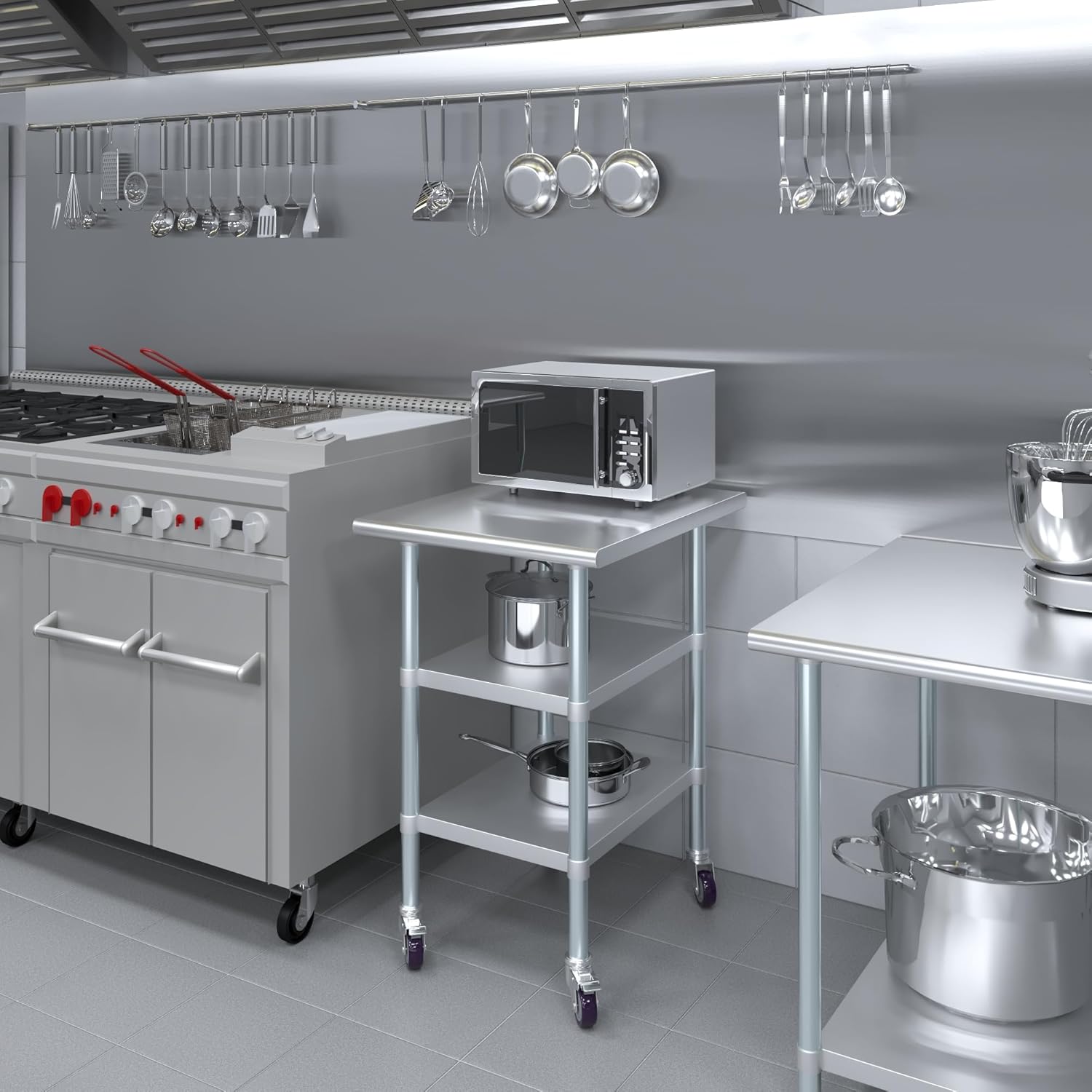 AmGood Stainless Steel Work Table with 2 Shelves and Casters (Stainless Steel Work Table with 2 Shelves + Casters, 24" Long x 30" Deep)
