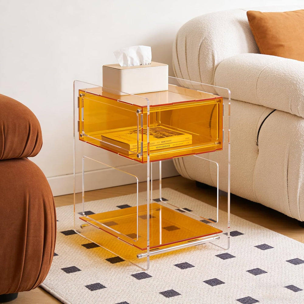 Acrylic Side Table with Open Storage Shelf, Clear Nightstand for Bedroom Livi...