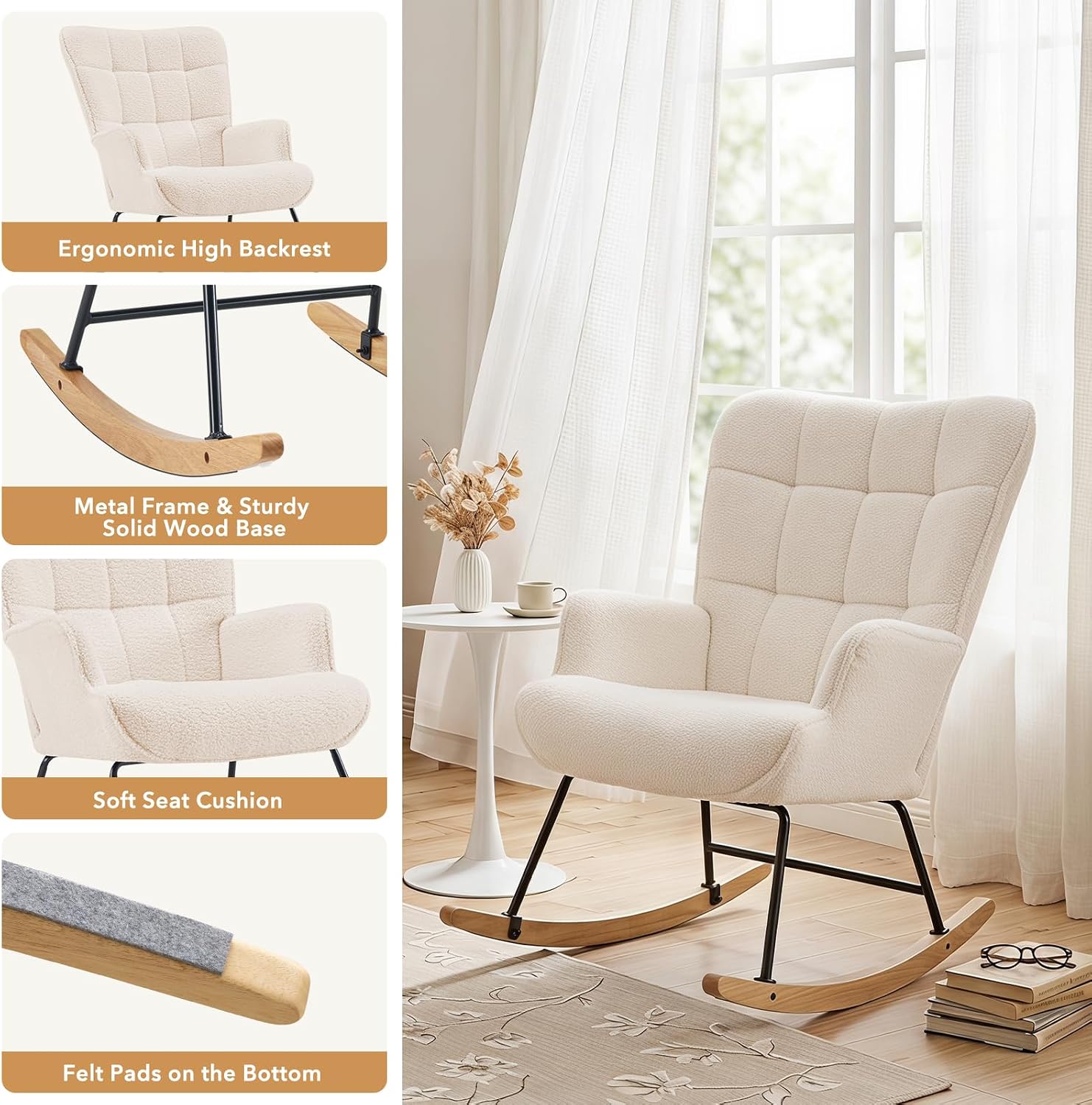 Furniliving Nursery Rocking Chair Modern Armchair Upholstered Glider Rocking Chair Nursery Chair Reading Chair with High Backrest Solid Wood Base for Bedroom, Living Room, Office, White, Teddy