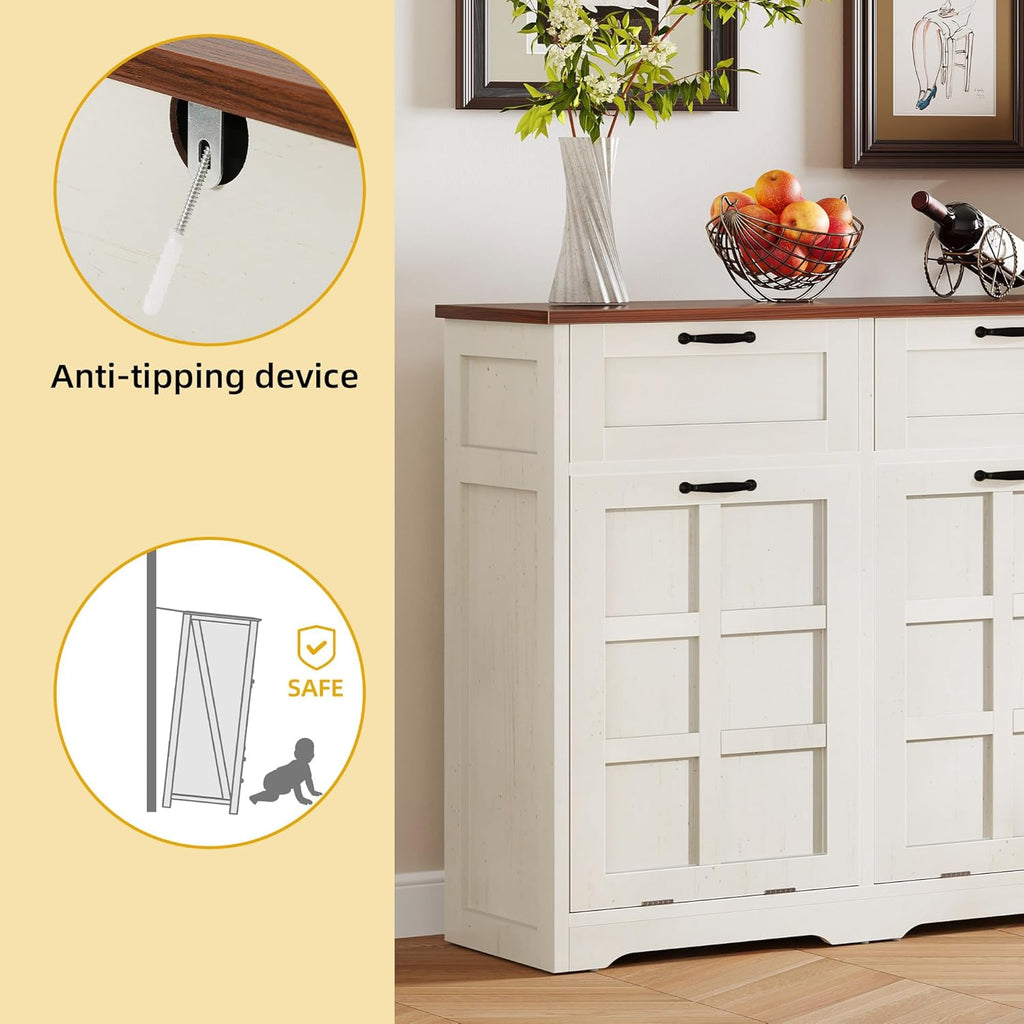 DWVO 58.3" Rustic Kitchen Island Storage Cabinet | Tilt Out Trash Can Cabinet, Farmhouse Kitchen Island with 3 Drawers, 2 Tilt-Out Doors for 10 Gallon Bins, Adjustable Shelf