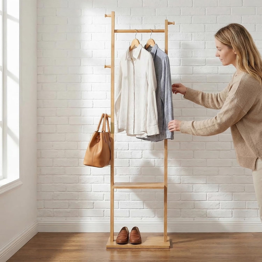latifolia Clothes rack, Solid Wood Clothing Rack Witch Hooks and Shelves, 15.75 inch Garment rack With Storaege for Living Room, Nature