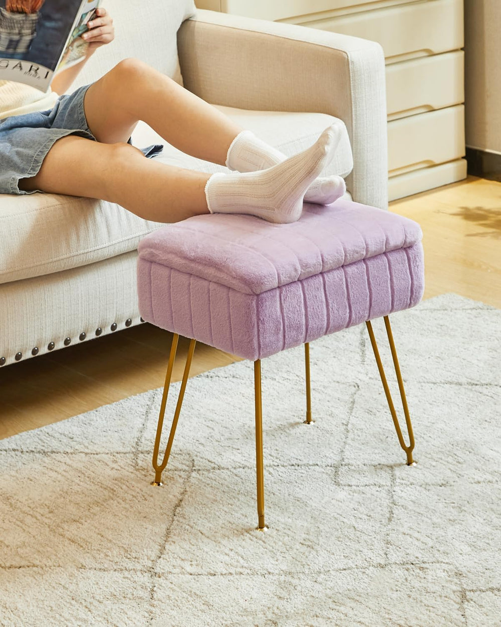 IBUYKE Vanity Stool Chair with Storage, Faux Fur Ottoman, Purple LG-50V | Foo...