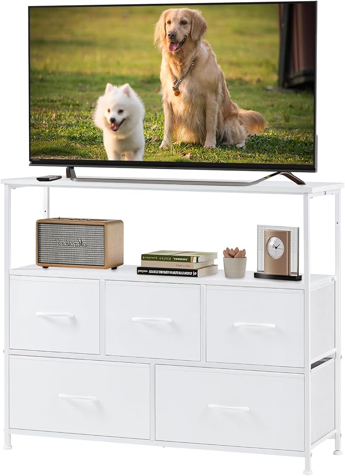 DUMOS TV Stand, Dresser with 5 Fabric Storage Drawers, Media Console Featuring Open Shelf for TV, Compact Entertainment Unit for Bedroom, Living Space, or Dorm Organization, White