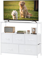 DUMOS TV Stand, Dresser with 5 Fabric Storage Drawers, Media Console Featuring Open Shelf for TV, Compact Entertainment Unit for Bedroom, Living Space, or Dorm Organization, White