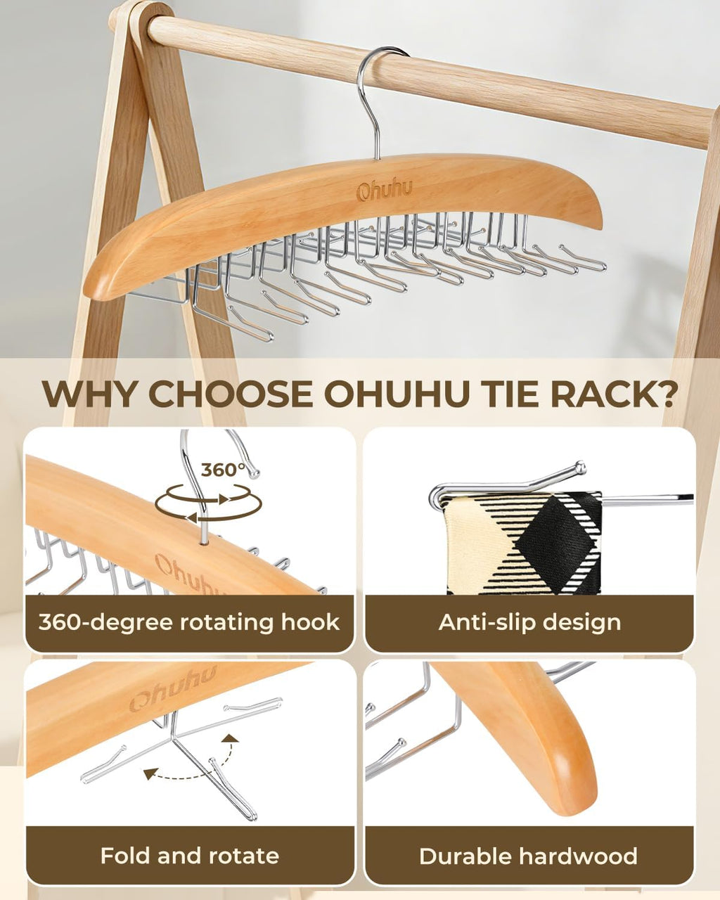 Ohuhu 24-Hook Wooden Tie Rack Organizer for Closet – Space Saving Hanger with 360° Rotating Anti-Slip Clips, Holds 24 Ties Securely Without Wrinkles – Premium Hardwood & Rustproof Steel