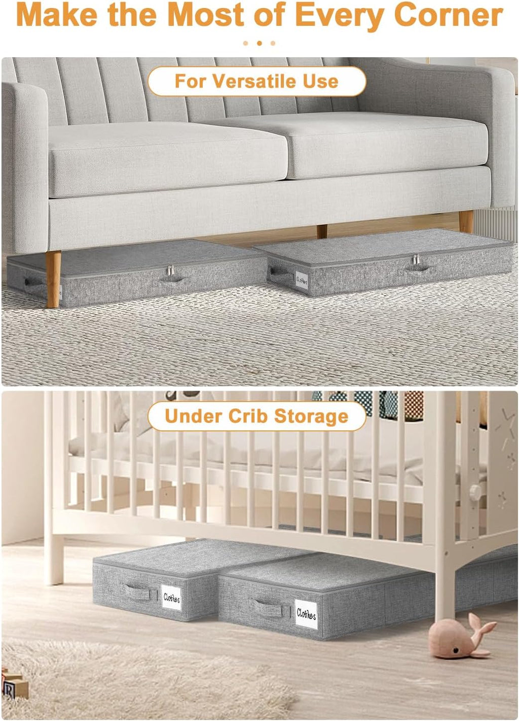 punemi Under Bed Storage Containers, 2 Pack 4.5 Inch Tall Low Profile Underbed Clothes Storage Organizer Bin with Sturdy Side & Bottom Support, Use as Clothes Organizer, Pillow and Blanket Organizer