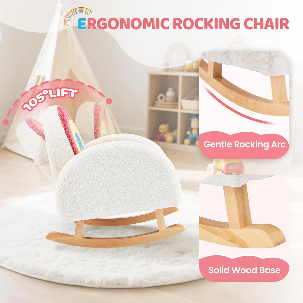 JOYMOR Kids Chair, Teddy Fleece Toddler Rocking Chair with Solid Wood Legs, Anti-Tip Design, Kids Sofa for Nursery, Playroom, Rainbow