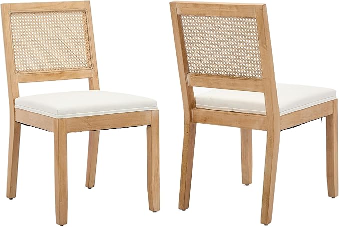French Country Dining Chairs Set of 2, Cream Kitchen & Dining Room Chairs Set of 2, Ivory Rattan Dining Chairs, Cane Low Back, Wood Legs, Sillas De Comedor (Rattan, Beige, 2Pcs)