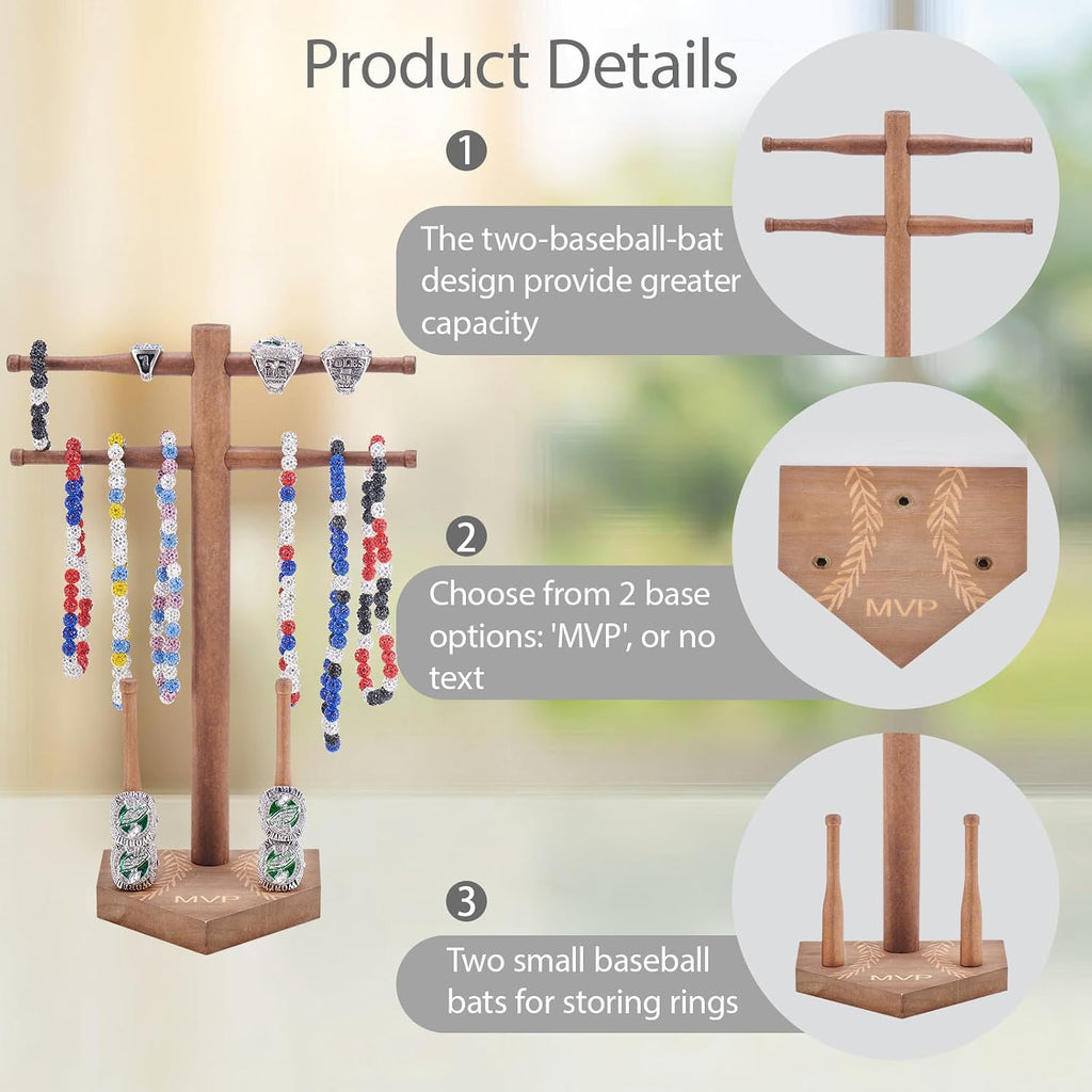 NEW Wooden Baseball & Softball Championship Ring Holder with Drip Necklace Display – Sports Organizer Baseball Gifts for Jewelry & Awards(MVP)