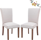 Parsons Dining Chairs Set of 2, Upholstered Nailhead Dining Room Kitchen Side Chair with Thick Cushions and Wood Legs, Beige