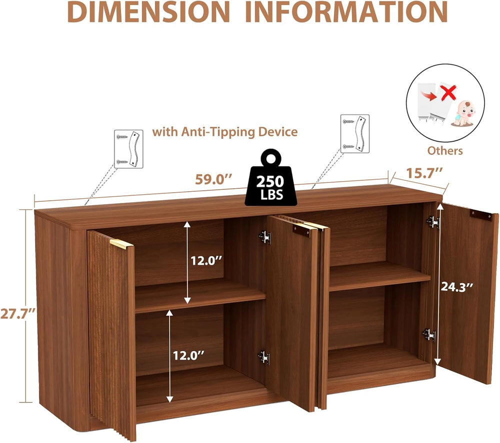 59" Fluted Buffet Sideboard Cabinet with Storage, Wooden 4-Door Sideboar...