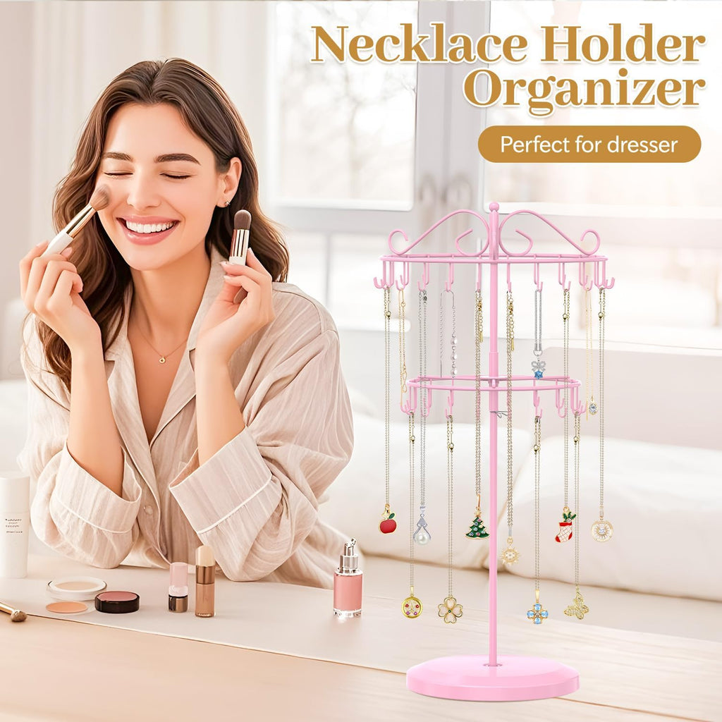 MODOWEY Rotating Necklace Holder Organizer Display Stand with 42 Hooks, 2 Tier Adjustable Metal Tree for Long Necklace Hanger Selling, Tall Spinning Bracelet Storage Rack for Men Women, Pink