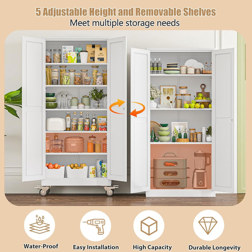 75" H Metal Pantry Storage Locker Cabinet with Wheels,Rolling Kitchen Pa...