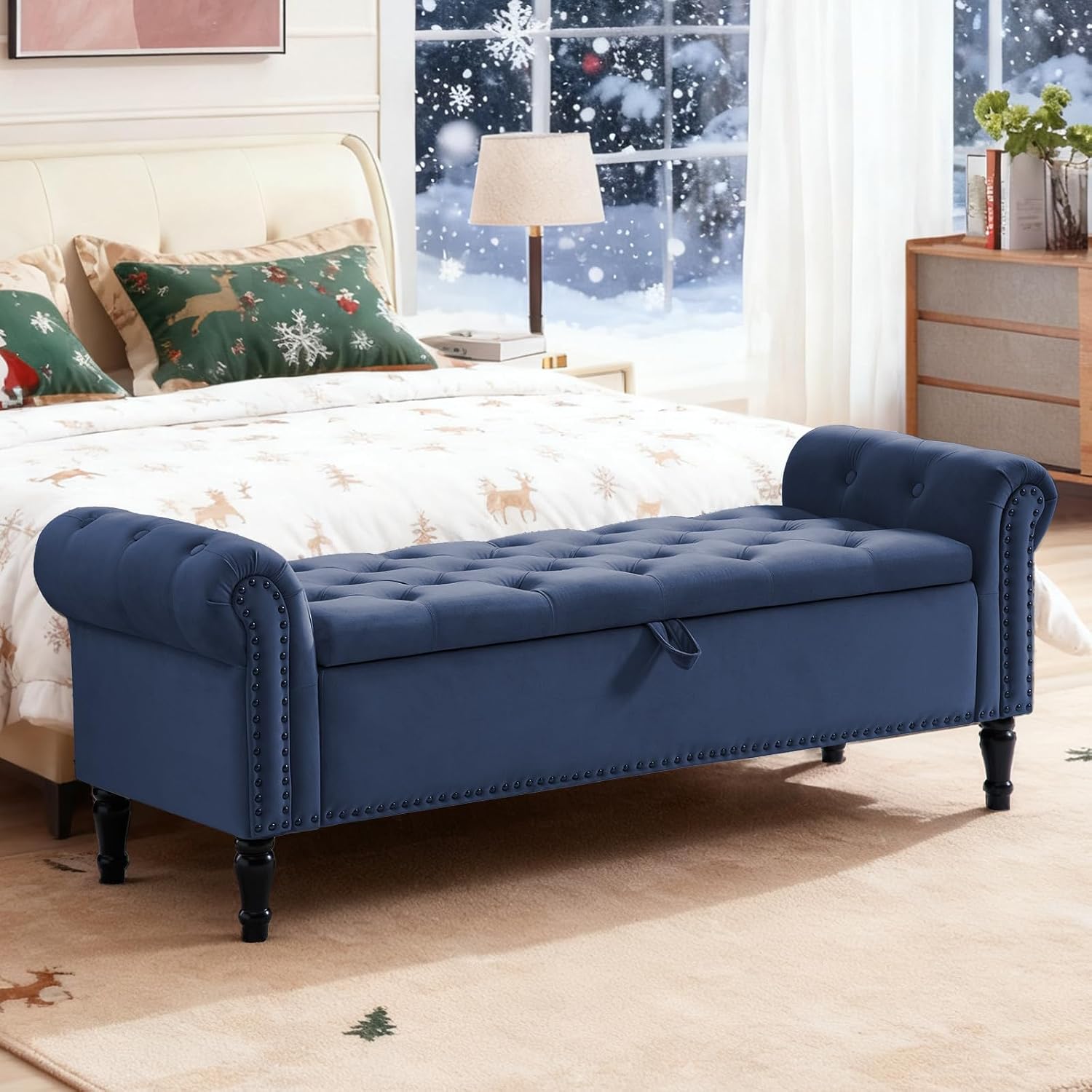 67'' End of Bed Storage Bench King Size, Storage Bench for Bedroom End of Bed, Upholstered Velvet Tufted Storage Ottoman Benches with Arms for Living Room, Entryway, Dark Blue
