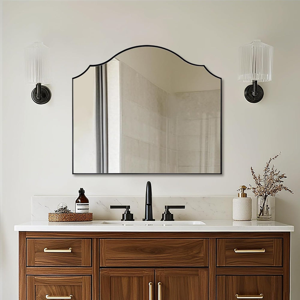 ANDY STAR Scalloped Arched Mantel Mirror, 32x28 Inch Black Vanity Mirror in S...