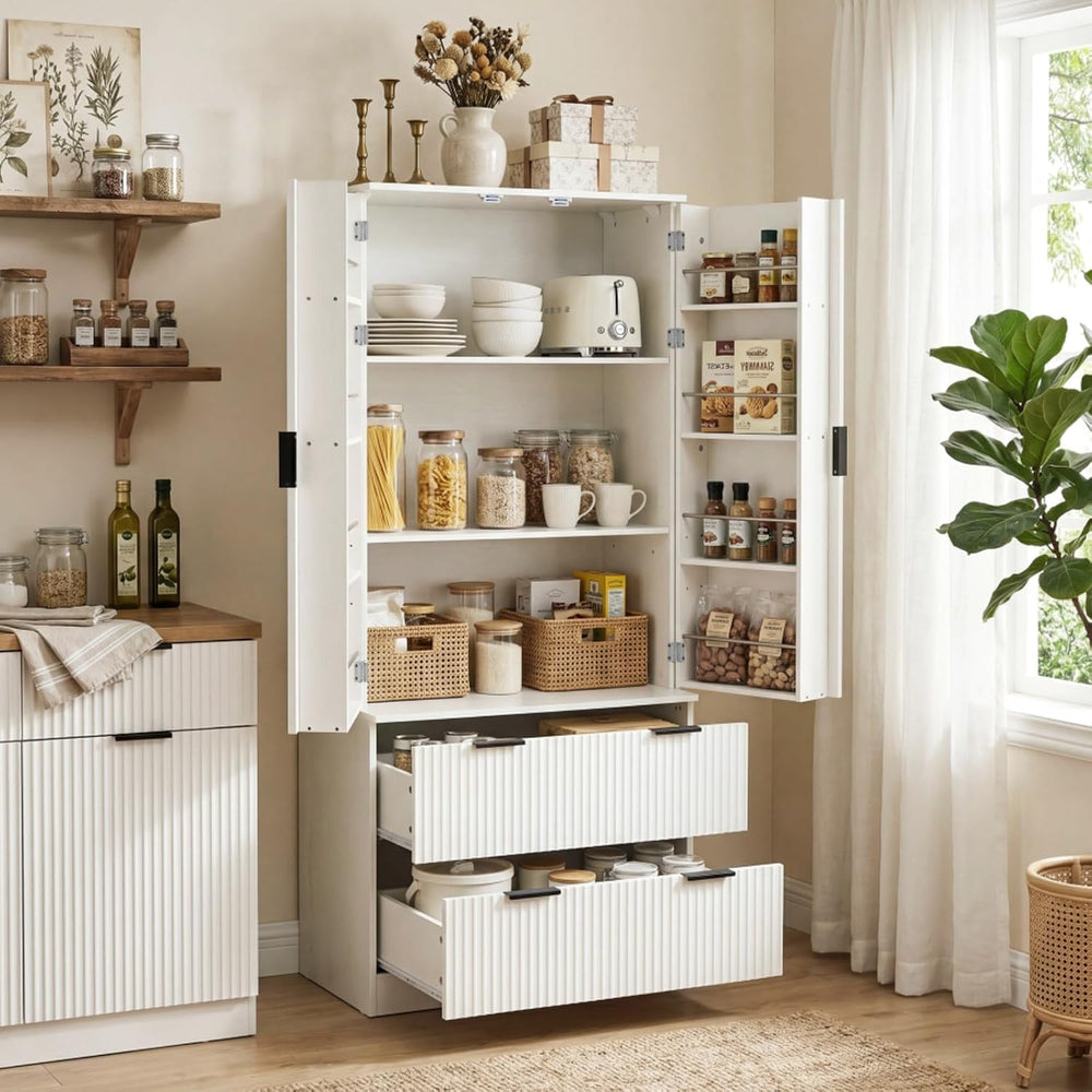 Hassyee 72" Modern Fluted Kitchen Pantry Cabinet with 2 Large Drawers &a...
