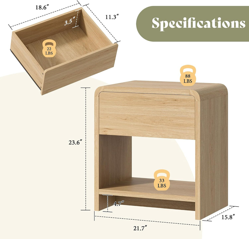 MERLIFE Modern Night Stand Set 2 with Storage Drawer & Open Shelves, Oak ...