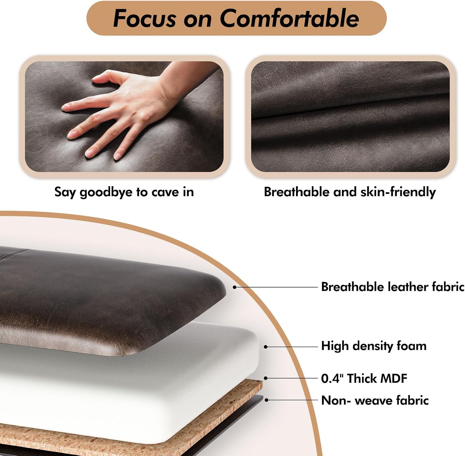 ZZW Storage Ottoman Bench, 51" Length Upholstered End of Bed Storage Bench for Bedroom with Safety Hinge, Tufted Bed Benches with Rolled Arm and Nailhead Trim for Living Room, Entryway Dark Brown