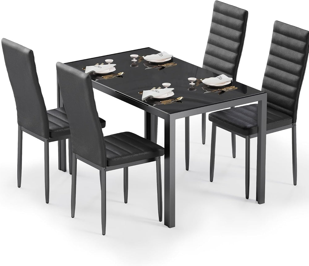 Bealife Kitchen Dining Table Set for 4, Tempered Glass 5 Piece - Black | PU L...