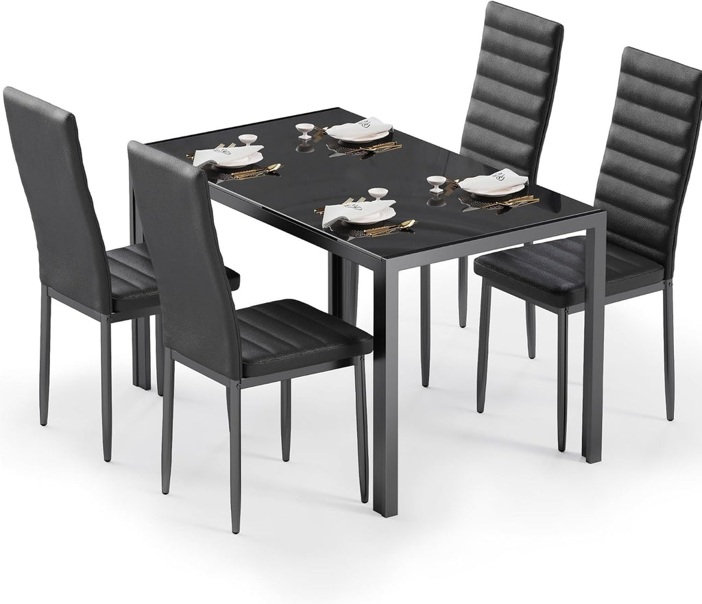 Bealife Kitchen Dining Table Set for 4, Tempered Glass 5 Piece - Black | PU Leather Modern Dining Room Furniture, Space Saving Table and Chairs Set for Home, Kitchen, Living Room, Dining Room